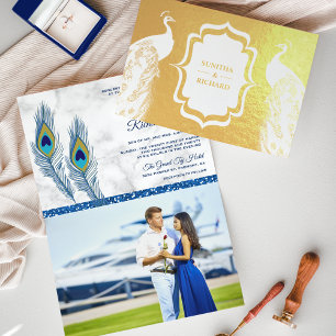 Convite de Casamento Folhas de Pavão Azul com Folh