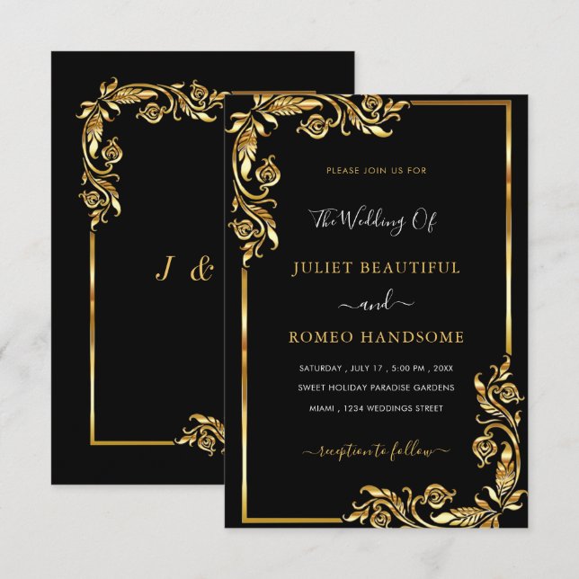 Convite de Casamento Folhas Douradas Enquadradas e (Frente/Verso)