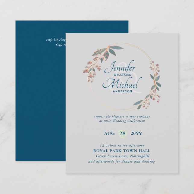 Convite de Casamento Folhas Laranja Turquesa ORÇAM (Frente/Verso)
