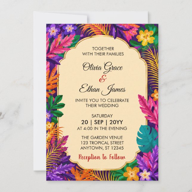 Convite de Casamento Folhas Tropicais  (Frente)