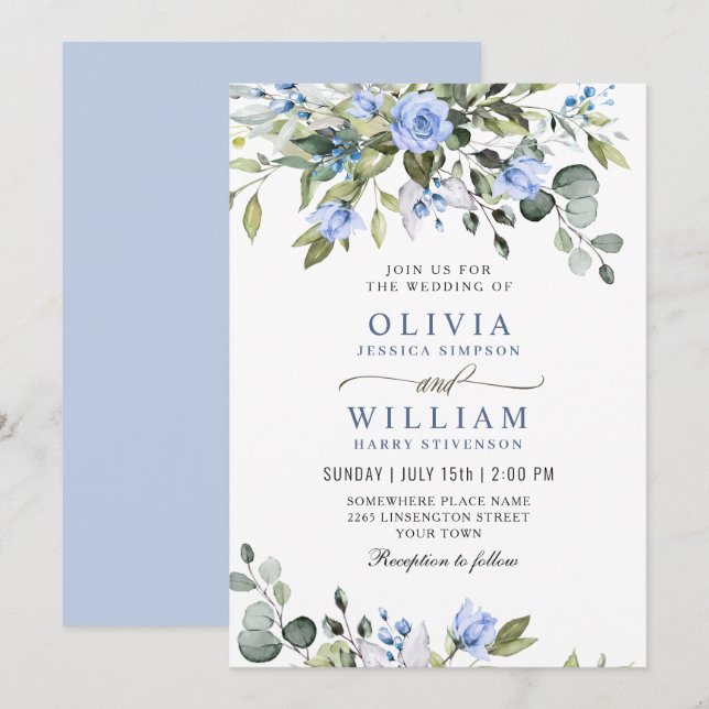 Convite de Casamento Folhas Verde Eucalipto Azul E (Frente/Verso)
