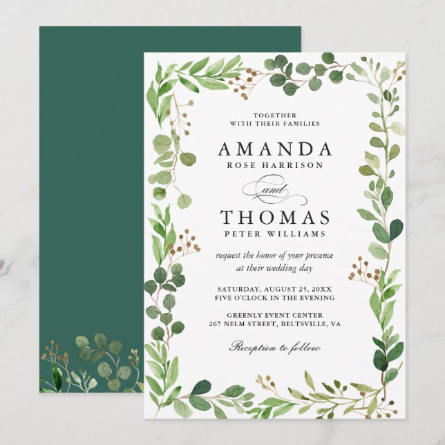 Convite de Casamento Folhas Verdes de Eucalipto (Frente/Verso)