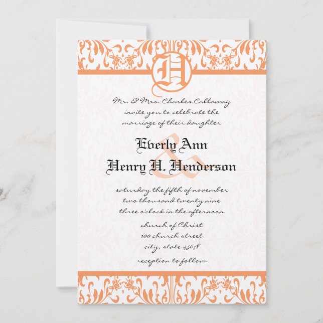Convite de Casamento Fonte Cinza Damask Coral Peti (Frente)