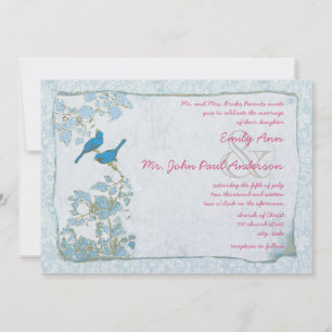 Convite de Casamento Fonte Rosa Azul Vintage Pássa