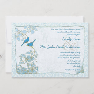 Convite de Casamento Fonte Rosa Damask Pássaros Az