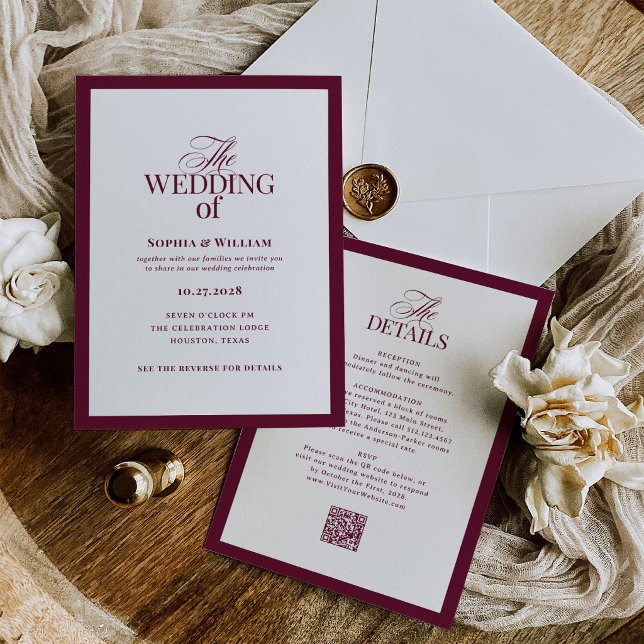 Convite de Casamento Formal Borgonha | Código QR R (Criador carregado)