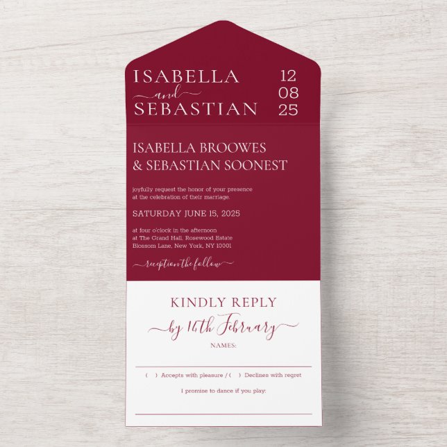 Convite de casamento formal burgundy para responde (Interno)