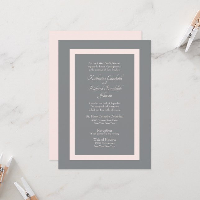 Convite de Casamento Formal Cinza e Rosa (Frente/Verso In Situ)