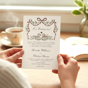 Convite de Casamento Formal Cisnes com Laço Vermel