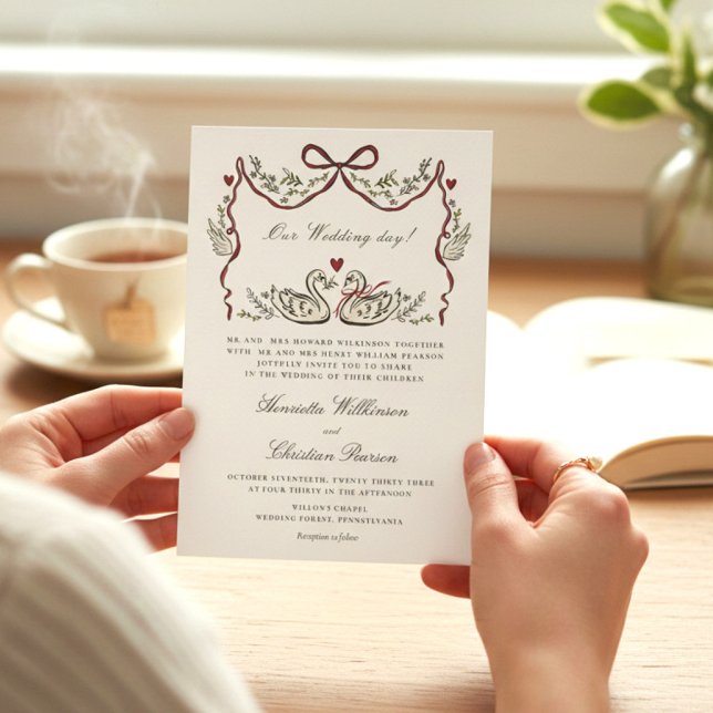 Convite de Casamento Formal Cisnes com Laço Vermel (Criador carregado)