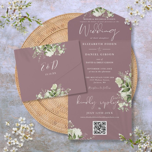 Convite de Casamento Formal Código QR Folhagem Rox (Mauve Greenery QR Code Formal Wedding All In One Invitation)