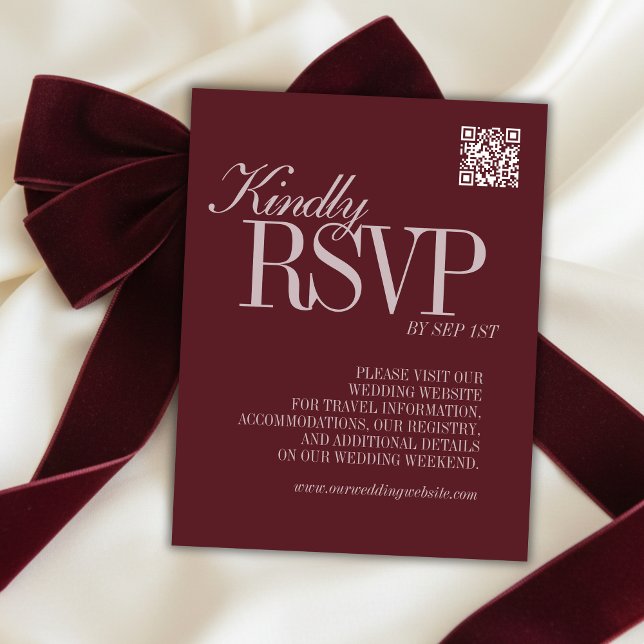 Convite de Casamento Formal Código QR Vermelho Bor (Elegant Script Burgundy Red QR Code Formal Wedding RSVP Card)