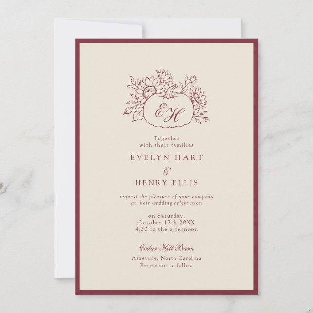 Convite de Casamento Formal com Abóbora Borgonha (Frente)