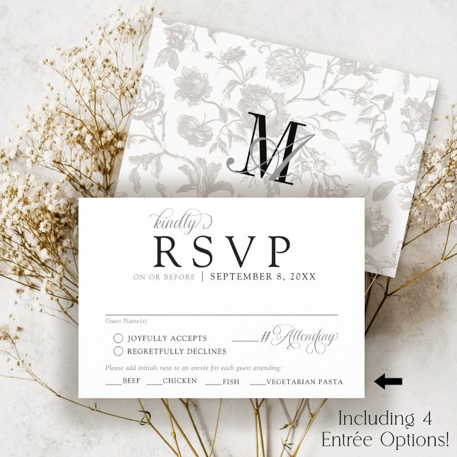 Convite de Casamento Formal com Monograma Floral V (Simple black & white vintage floral elegant monogram wedding invitation formal rsvp entree options)