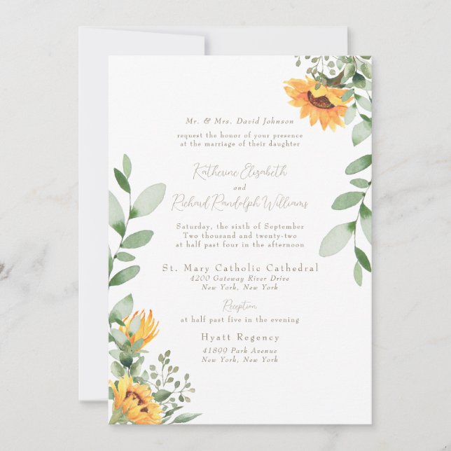 Convite de Casamento Formal de Girassóis com Texto (Frente)