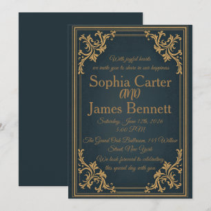 Convite de Casamento Formal Elegante Navy Dourado
