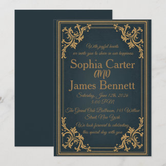 Convite de Casamento Formal Elegante Navy Dourado