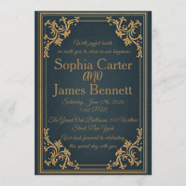 Convite de Casamento Formal Elegante Navy Dourado