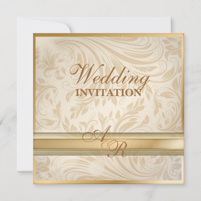 Convite de Casamento formal em Damasco dourado cha (Frente)
