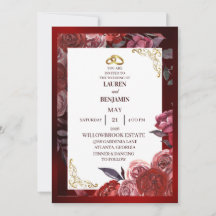 Convite de casamento formal em vermelho e dourado
