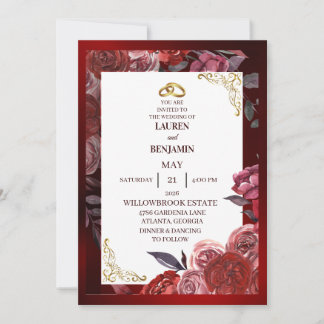 Convite de casamento formal em vermelho e dourado