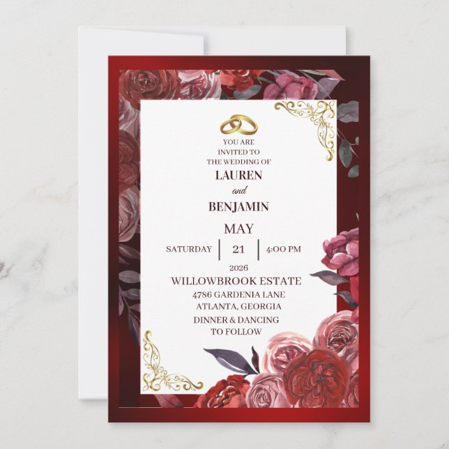 Convite de casamento formal em vermelho e dourado (Frente)