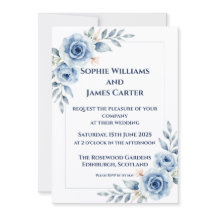 Convite de Casamento Formal Floral Aquarela Azul