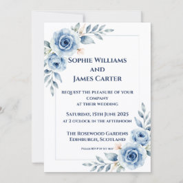 Convite de Casamento Formal Floral Aquarela Azul