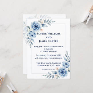 Convite de Casamento Formal Floral Aquarela Azul