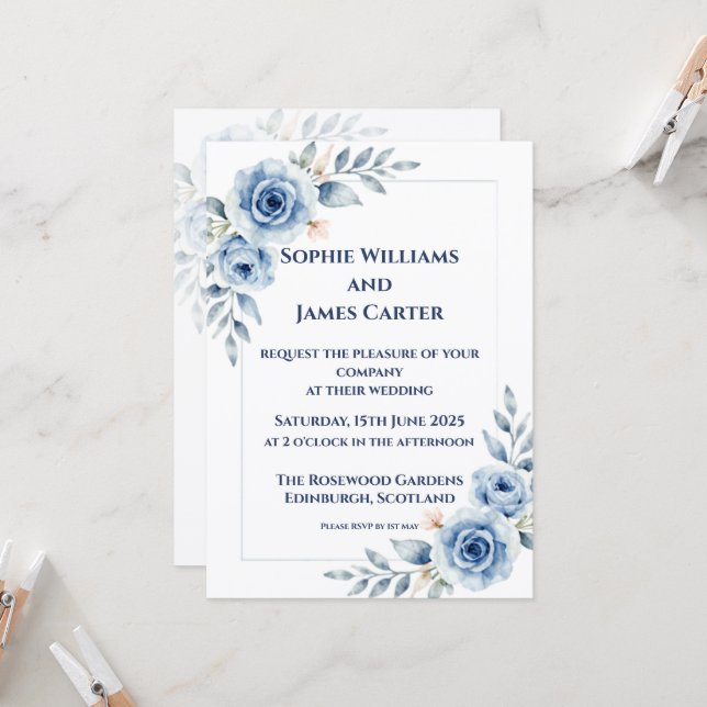 Convite de Casamento Formal Floral Aquarela Azul (Frente/Verso In Situ)