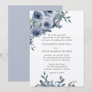 Convite de Casamento Formal Floral Azul e Cinza