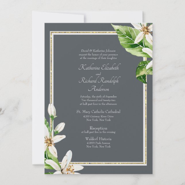 Convite de Casamento Formal Folhagem Cinza (Frente)