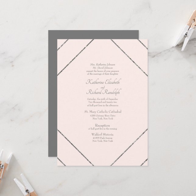 Convite de Casamento Formal Geométrico Rosa e Cinz (Frente/Verso In Situ)
