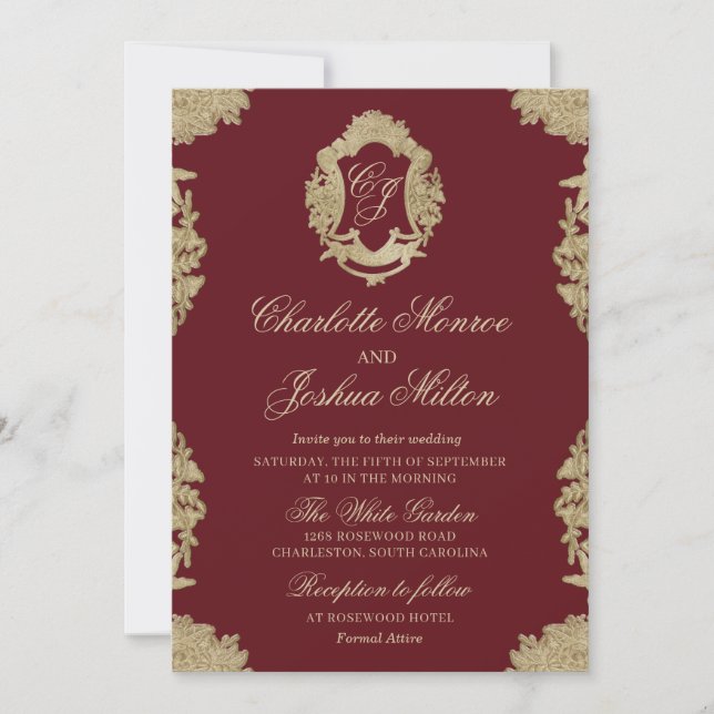 Convite de Casamento Formal Monograma Vintage (Frente)