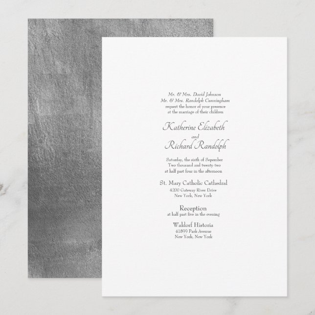 Convite de casamento formal prateado metálico e br (Frente/Verso)