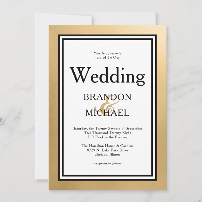 Convite de Casamento Formal Preto Dourado LGBTQ (Frente)