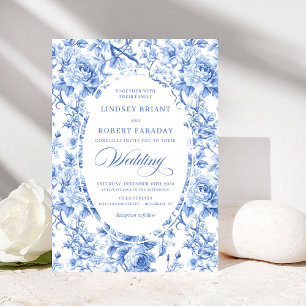 Convite de Casamento Formal Toile de Jouy Rosa Azu