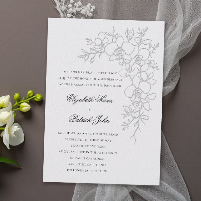Convite de Casamento Formal Tradicional Marfim Orq (orchid wedding invitation ivory formal modern classic traditional black tie parents hosting gleam)