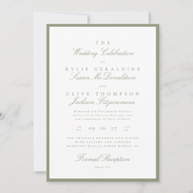 Convite de Casamento Formal Verde Sage (Frente)