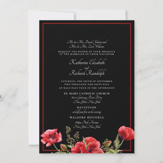 Convite de Casamento Formal Vermelho e Preto Flora (Frente)