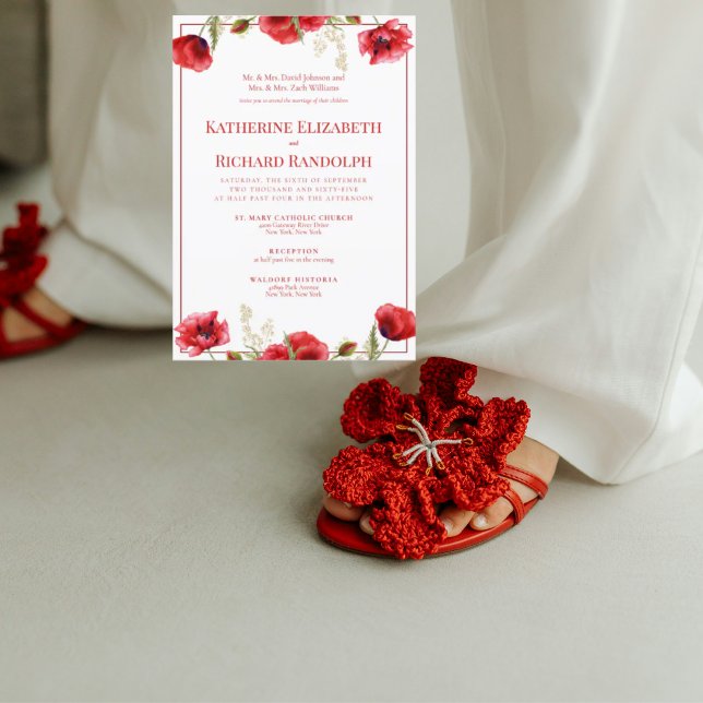 Convite de Casamento Formal Vermelho Floral & Bran (Criador carregado)