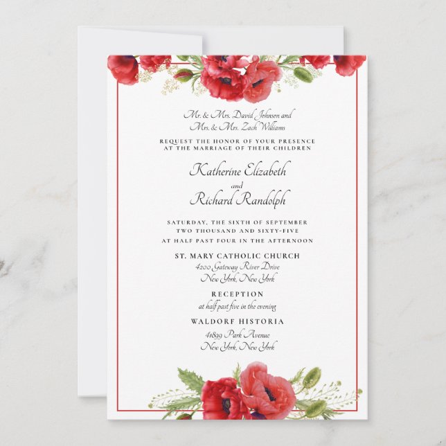 Convite de Casamento Formal Vermelho Floral para 2 (Frente)