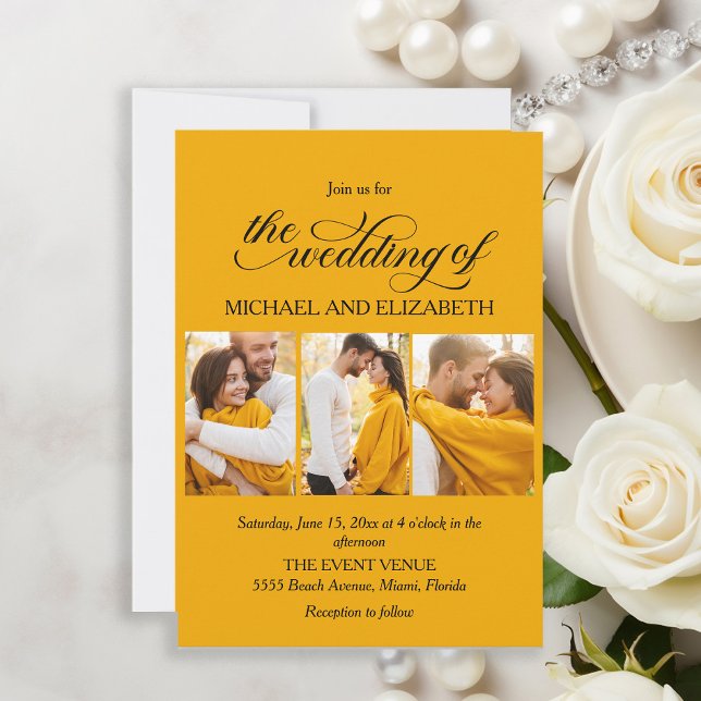 Convite de Casamento Foto Amarela Elegante Roteiro (Elegant yellow wedding photo invitation)