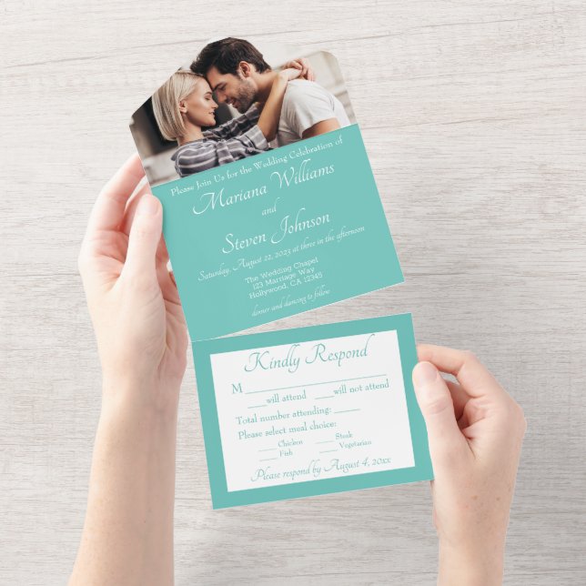Convite de Casamento Foto Azul-Elegante (Aba destacável)