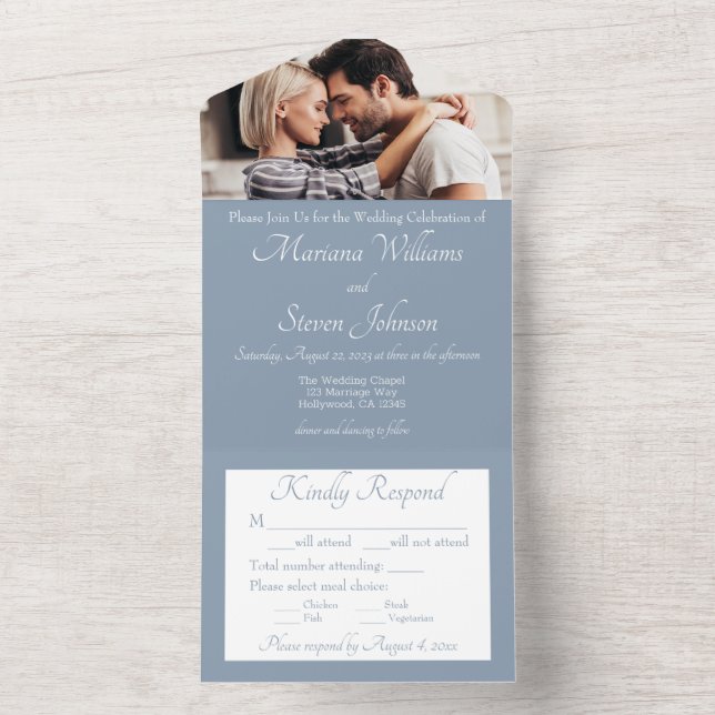 Convite de Casamento Foto Azul Elegante e Empolado (Interno)