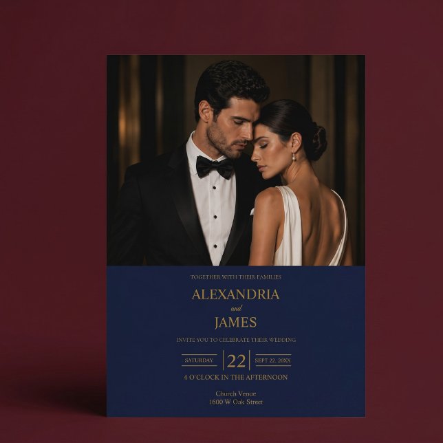 Convite de Casamento Foto Azul Marinho Moderno e E (Criador carregado)