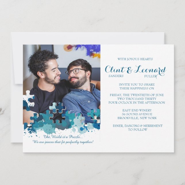 Convite de Casamento Foto Azul Peças de Puzzle (Frente)
