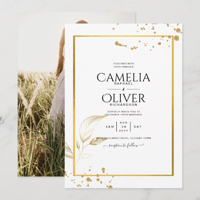 Convite de Casamento Foto Branco e Dourado Elegant (Frente/Verso)