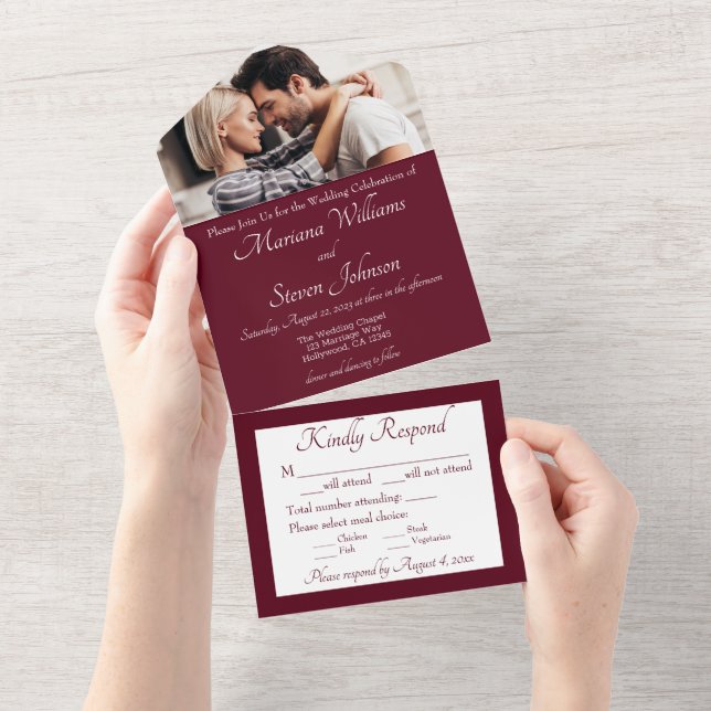 Convite de Casamento Foto Burgundy Elegante (Aba destacável)