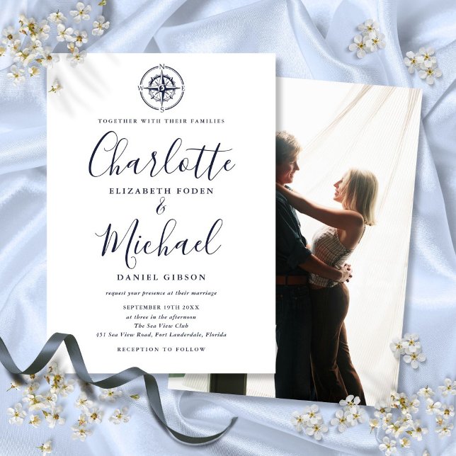 Convite de Casamento Foto Bússola Náutica Escrita  (Navy Blue Script Nautical Compass Photo Wedding Invitation)
